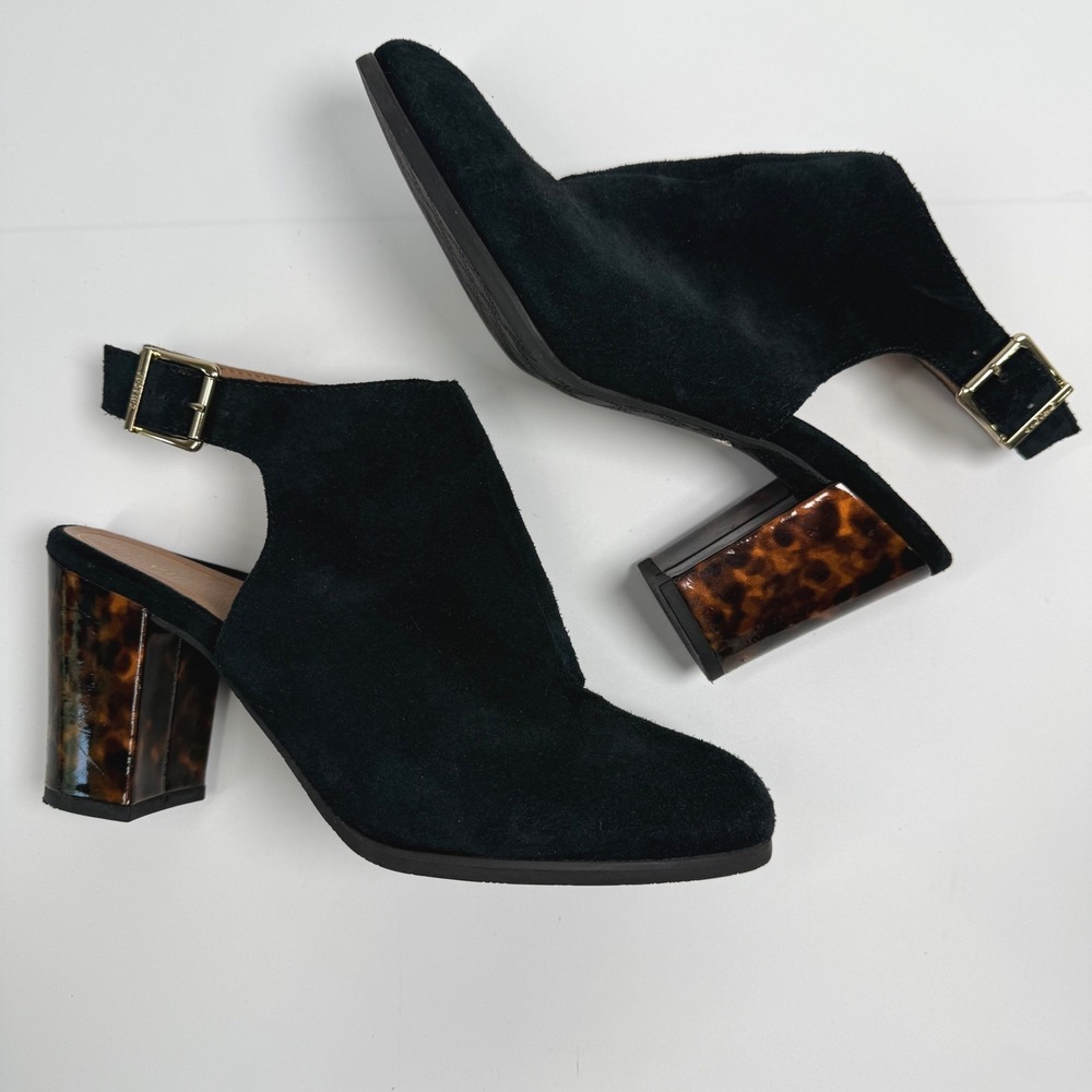 Vionic Lacey Tortoise Black Suede Slingback Block Heel Booties Sz 10 Wide Shoes